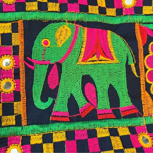 Multicolored Tote with Floral Elephant Motifs from India,decorative bead handle - Picture 3 of 13